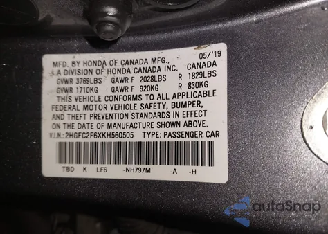 2019 Honda Civic Lx z USA, uszkodzony, nr VIN 2HGFC2F6XKH560505